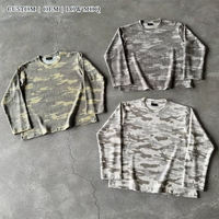 T-shirt à manches longues en maille gaufrée camouflage personnalisé OEM, style streetwear, thermique, en coton délavé vintage, coupe oversize, faible MOQ