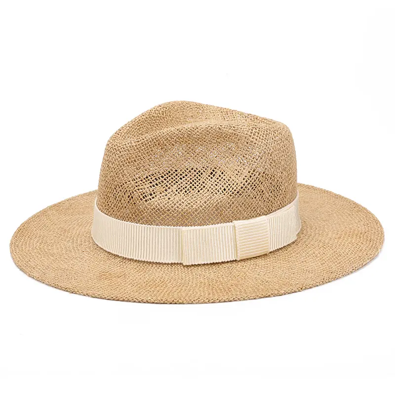 Wholesale High Quality Summer Women Men Raffia Beach Wide Brim Sea Grass Fedora Sun Hats Cutout Straw Hat