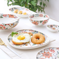 Ensemble d'assiettes et plats de table, forme ronde, motif floral, vaisselle avec cuillère, 4 pièces
