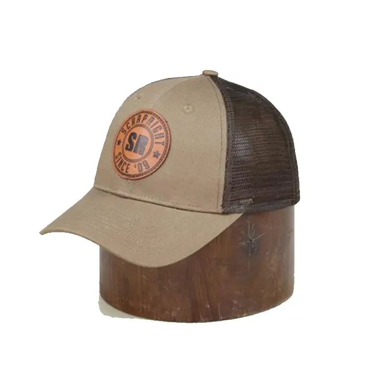 도매 주문 모자 메시 공백 100% 년 면 브라운 모자 가죽 헝겊 조각 트럭 운전사 모자 주문 성인