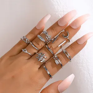 KR-115银女士戒指饰品女爱叶箭月针12pcs合金戒指套装