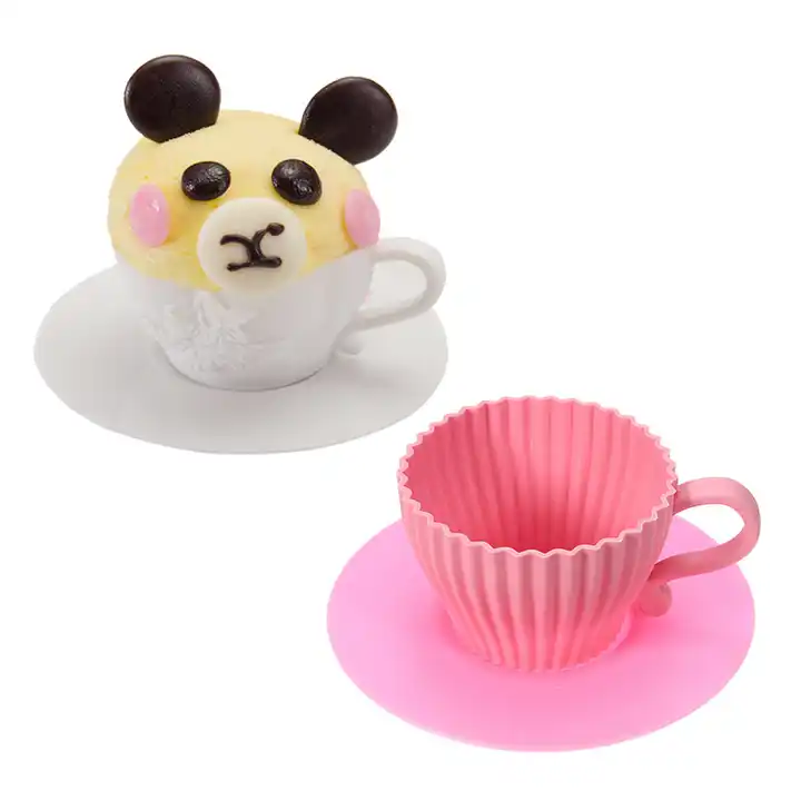 Teacups Set of Silicone Cupcake Baking Molds With 4 Pink Silicone Tea Cups  and 4 Pink Plastic Saucers for Cupcakes 