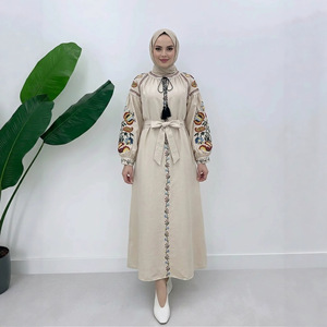 <span class=keywords><strong>Robe</strong></span> musulmane pour femme en gros, motif floral, douce, naturelle, respirante, coupe ample, brodée, à franges, manches lanternes, en coton et lin - Product Image 3