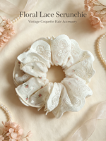 Chouchou à cheveux brodé en dentelle style français vintage, avec doublure florale délicate et volant moelleux, élastique pour queue de cheval, cadeau pour filles