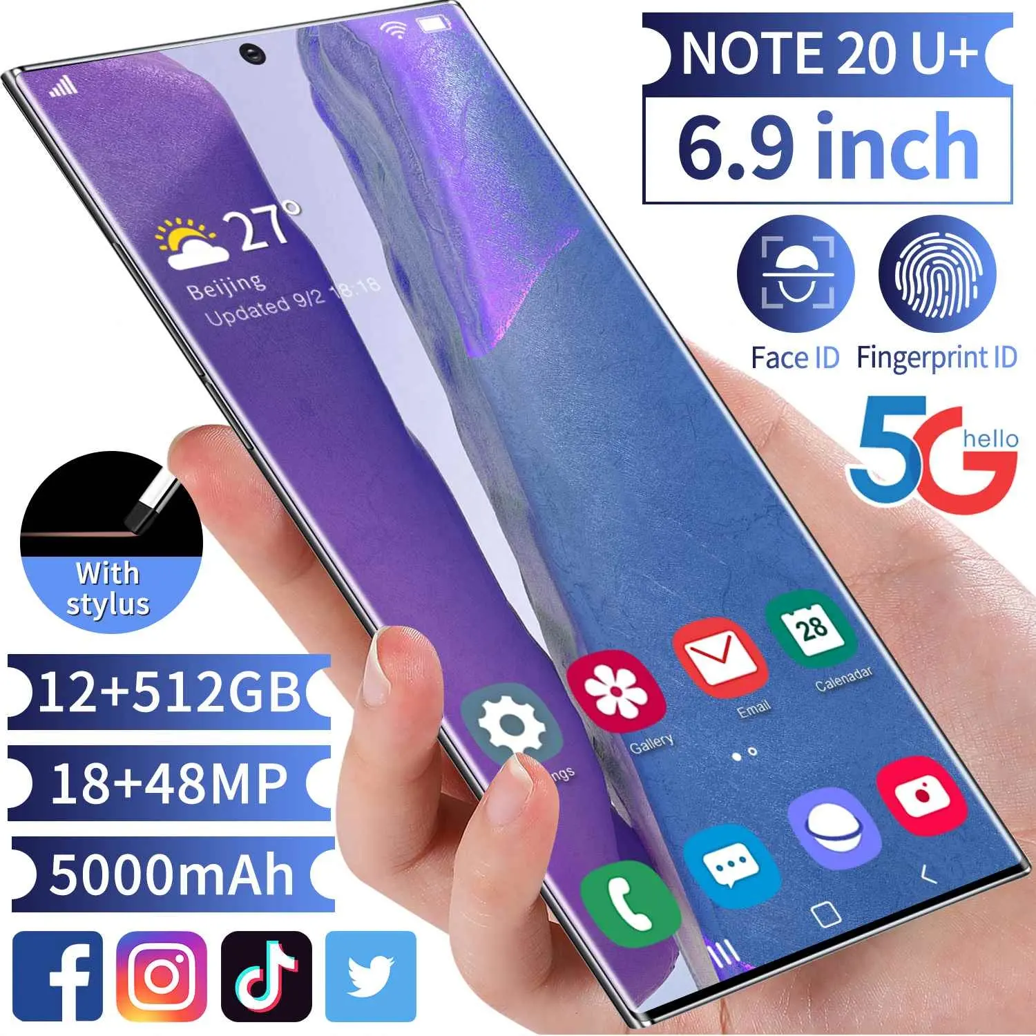 Note20u smartphone, venda quente, tela grande de 6.9 polegadas touch, 8 + 256gb, desbloqueio por reconhecimento facial, android, oem