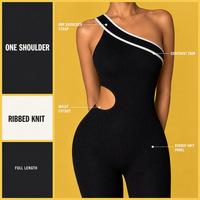 Combinaison sans manches asymétrique pour femme, avec découpes à la taille, bordure contrastante, en tricot côtelé, longueur intégrale, en nylon et élasthanne, pour Pilates, avec LOGO