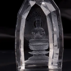불교 기념 기념품 조디악 불상 크리스탈 블록 3D 레이저 조각을위한 유리 큐브