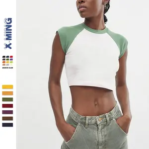 Summer Patchwork Blank Plain Short T Shirt Casual Skinny Slim Fitness Tee Shirt Color Block Cotton Cropped Tees For Women