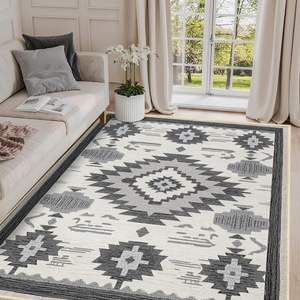 Tapis rectangulaire imprimé géométrique bohème Wan Xinlong, résistant aux taches, pour extérieur, gris, bleu, beige, camel, marron - Product Image 3