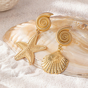 Pendientes de Alta Calidad Chapados en Oro para Amantes y Amigos, Pendientes de Joyería de Moda con Conchas y Estrellas de Mar para Mujer - Product Image 2