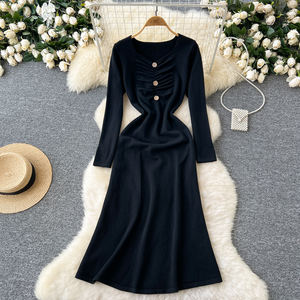 <span class=keywords><strong>Abiti</strong></span> da donna con collo quadrato a scompiglio con bottone <span class=keywords><strong>manica</strong></span> <span class=keywords><strong>lunga</strong></span> e cintura in maglia abito da donna <span class=keywords><strong>al</strong></span> <span class=keywords><strong>ginocchio</strong></span> elegante maglione - Product Image 5