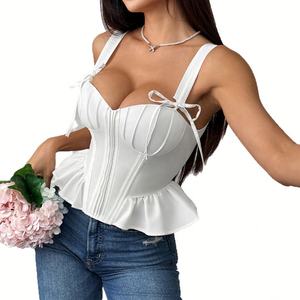 Top bustier sexy en dentelle à nœud papillon, dos nu, bretelles croisées, corset blanc, ourlet à volants, bretelles, bustier à armatures, camisole - Product Image 5