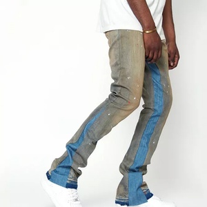 Custom Blue Vintage Fashion Design Distress Hole Flare Fit Blue <b>Jeans</b> Graffiti Paint Splatter <b>Elastic</b> Men <b>Jeans</b> Manufacturers - Product Image 1