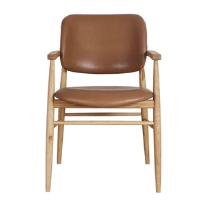 Fauteuil de salle à manger en chêne de style mi-siècle OEM&ODM, assise en cuir <span class=keywords><strong>caramel</strong></span>, dossier incurvé, pour hôtel, restaurant, café, vente en gros, usage commercial - Product Image 1