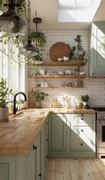Cuisine minimaliste modulaire avec armoires à panneaux plats verts, portes affleurantes personnalisées, bande lumineuse LED et crédence en marbre artificiel