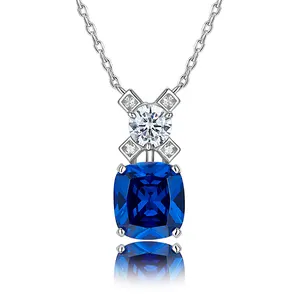 Fashion Pendant Necklaces For Women Blue Sapphire CZ Zircon 925 Sterling Silver Necklace Jewelry