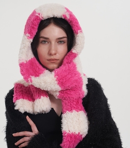 Femmes Dames Chaud Épais Hiver Peluche Fuzzy Noir <span class=keywords><strong>Blanc</strong></span> Couleur Blocage Rayé Fausse Fourrure Echarpe Capuche Motif Patchwork Fourrure <span class=keywords><strong>Snood</strong></span> - Product Image 6