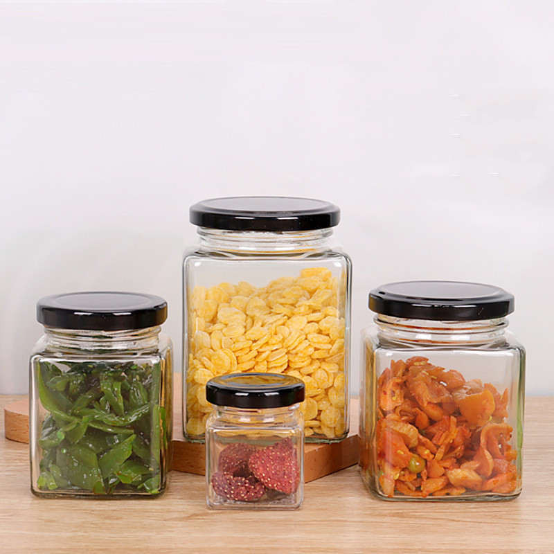 Квадратные стеклянные банки для меда с металлическими крышками, 50 мл, 80 мл, 100 мл, 200 мл, 280 мл, 380 мл, 500 мл