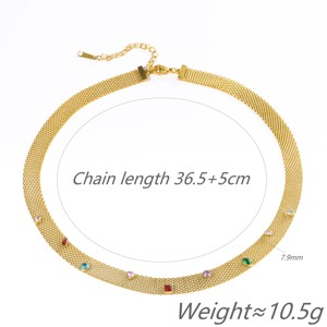 Collier ras du cou en maille d'acier inoxydable plaqué or 18 carats avec zircon - Design vintage multicolore pour femme, 37 cm, polyvalent, mode, soirée - Product Image 2