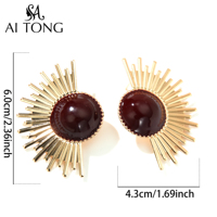 Boucles d'oreilles pendantes ovales en alliage, style bohème, vacances, nouvelle mode, design rétro classique INS, rouge doré, ligne de rayons de soleil, pour femmes