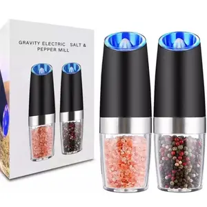 Offre Spéciale ensemble de moulin à sel et à poivre à gravité électrique pot à épices rechargeable moulin à poivre noir avec lumière bleue et support