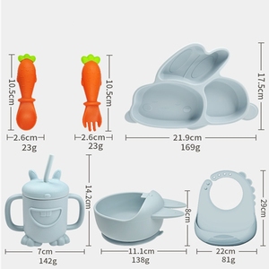 卸売シリコン製ベビー食器セット、幼児用よだれかけ、ボウル、カップ、プレート、スプーン、フォーク付き、BPAフリー、食品グレード - Product Image 3