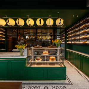 Progettazione d'Interni per Pasticcerie - Servizio di Ristrutturazione Commerciale Personalizzato per Negozi di Dolci (Decorazione Retrò Verde Vivace per Pasticceria) - Product Image 1