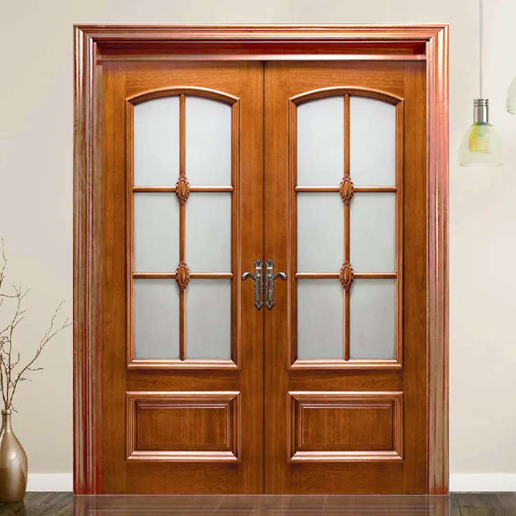 Customized outdoor timber wooden glass doors designs house villa exterior main entrance french style teak solid wood slab door