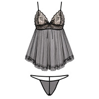 Ensemble de lingerie sexy pour femmes en dentelle florale noire respirante avec coussinets amovibles en maille longue sans manches 2 pièces