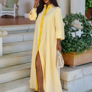 Vestido <span class=keywords><strong>Maxi</strong></span> Amarillo a Rayas con Botones para Mujer, Manga <span class=keywords><strong>3</strong></span>/4, Corte Holgado en A, Antiarrugas, Casual, para Verano, Playa o Vacaciones - Product Image 3