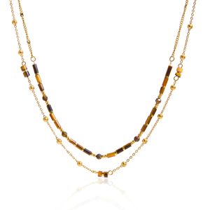 Collar de cuentas de ojo de tigre de doble capa, joyería de acero inoxidable, diseño geométrico para accesorios de moda - Product Image 5