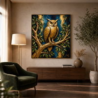 Peinture à l'huile personnalisée 3D texturée de hibou doré sur toile, art mural de hibou en impasto métallique