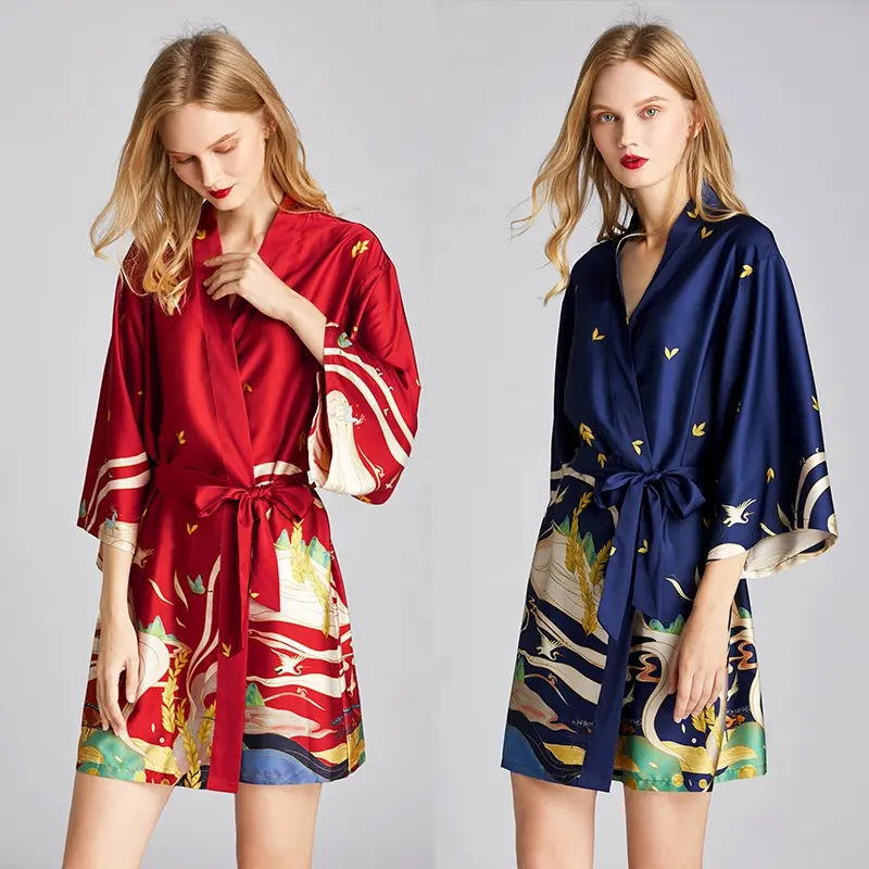 Nieuwe Collectie Groothandel Satin Kimono Robe De Huwelijk Bloemen Nachtkleding Voor Vrouwen Zomer Korte Zijdeachtige Badjas