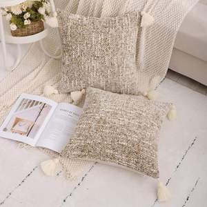 Decorative Throw <b>Pillow</b> Cover Neutral Chenille Textured Cloth With Tassels Sofa <b>Bed</b> Cushion Cover - Product Image 3