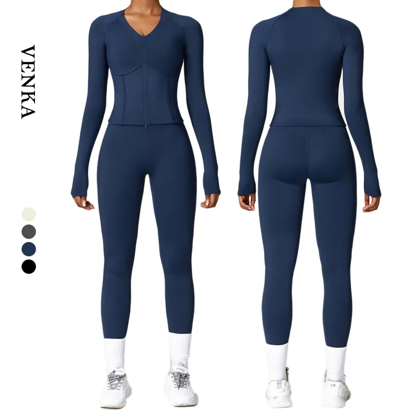 Großhandel Frauen Workout Gym Fitness Anzug Kompression Winter Warme Jacke und keine T-Linie Leggings Hochwertige Yoga Sport Sets