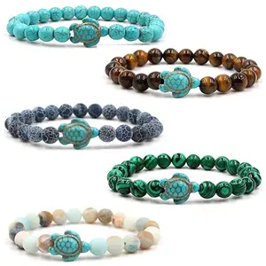 Pulseras de cuentas de tortuga marina para hombre y mujer, pulsera de Amistad elástica de piedra Natural azul clásica de 8MM, joyería de playa