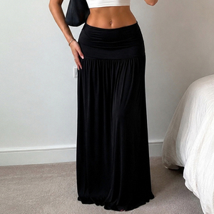 Women's Black Ruched Button Low Rise High Slit A-Line Maxi <b>Skirt</b> Knit Stretchy Breathable <b>Summer</b> Elegant <b>Long</b> - Product Image 3