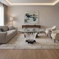 Ensemble de table à manger ronde en cristal transparent de luxe, feuilles de cactus, artisanal, 6 places, contemporain, pour villas, hôtels, clubs