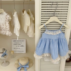 Tongxingyuan Girls Blue Gingham Spaghetti Strap Dress With Lace Trim Summer Breathable Sleeveless Dress For Children - Product Image 2