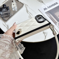 Étui de téléphone en cuir PU noir et blanc à motif losanges, avec cordon de suspension, compatible avec iPhone Duo et iPhone Fold pliable
