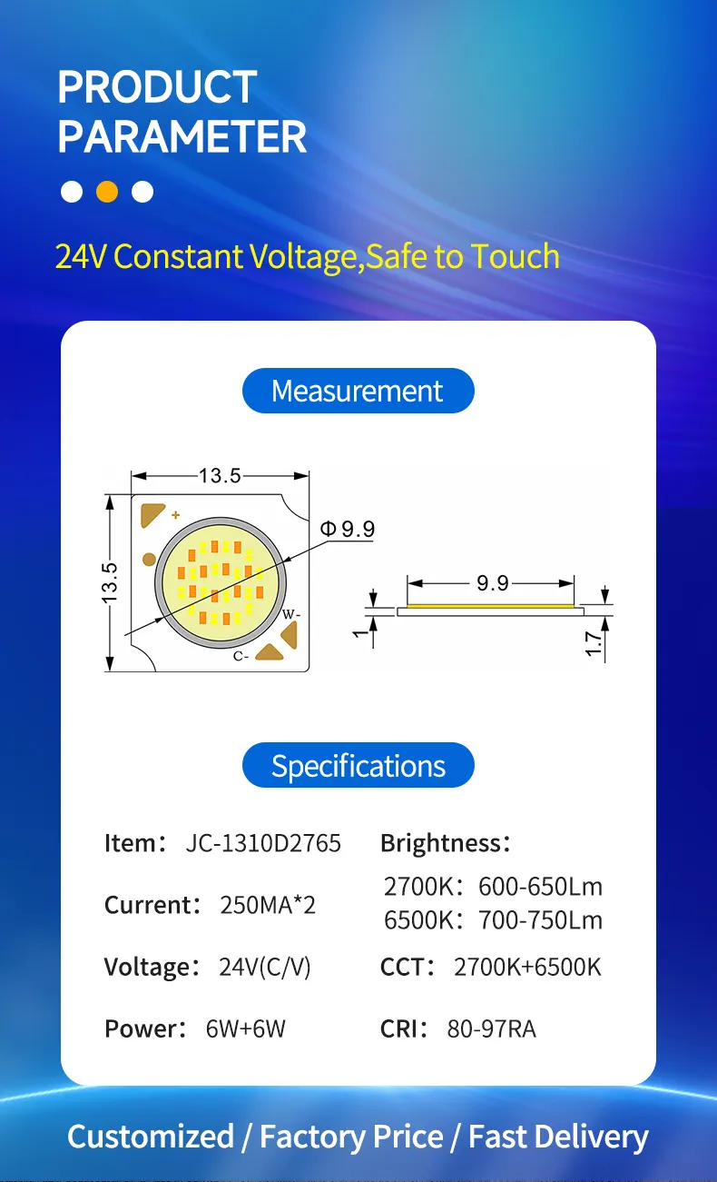 بسعر المصنع رقاقة CCT 2700K-6500K LED COB قابلة للتعديل بجهد 24 فولت تيار مباشر من نوع COB بجهد ثابت