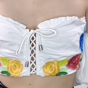 Nouveau Top Court Brodé Tendance pour Femme, Blanc, Épaules Dénudées, Sexy, Bustier, en Lin et Coton Tissé à Imprimé Floral, Décontracté, Été - Product Image 4