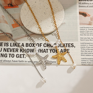 Collier en acier inoxydable avec pendentif étoile de mer et perle, plaqué or 18 carats, pour femme, à porter au quotidien - Product Image 5