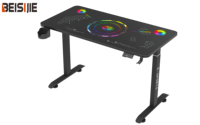 Bureau de jeu en verre réglable en hauteur à moteur unique BEISIJIE AY-0, table à texture carbone RGB avec E-SPORTS