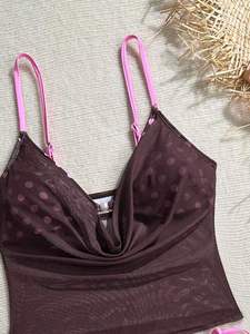 Top Selling <b>Brown</b> Pink Polka Dot Three Piece <b>Bikini</b> Pearl Decor Triangle Top Mesh Camisole Cover Up Side Tie Women Swimwear - Product Image 5