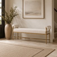 Banc d'entrée vintage avec accoudoirs roulés, banc de bout de lit rembourré, cadre en métal doré antique, siège de fenêtre, mobilier de couloir