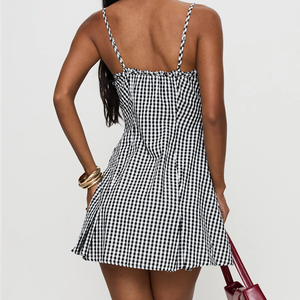 Robe décontractée pour femme en vichy noir et blanc, bretelles spaghetti, ourlet à volants, tenue quotidienne - Product Image 4