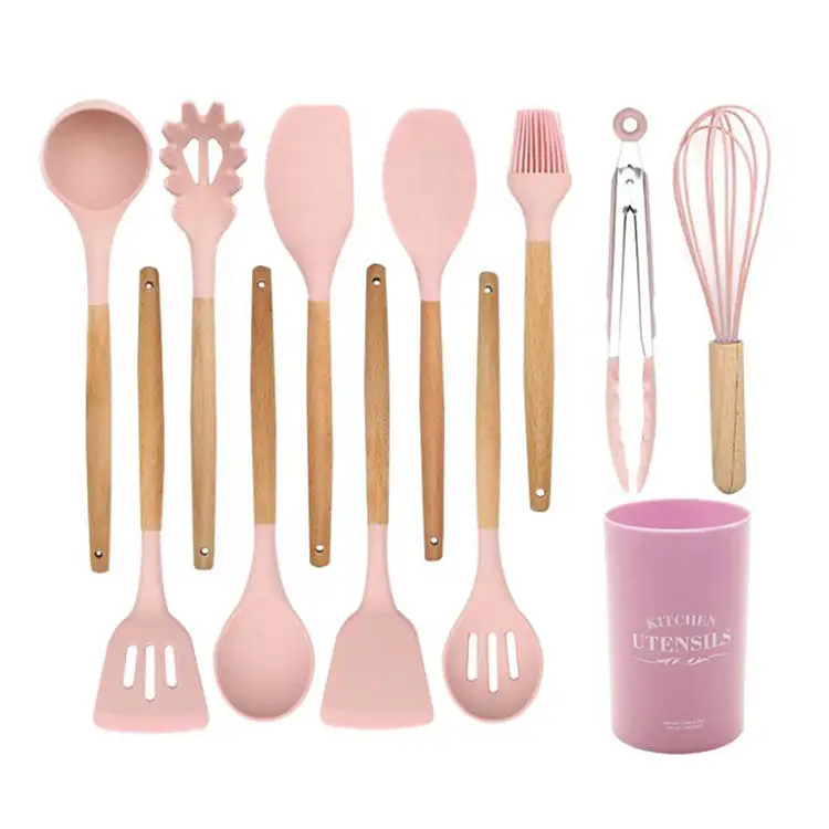 On Sale Kitchen Supplies Utensils Set Durable Pink 11Pcs Silicone Kitchen Utensils Set With Wooden Handle