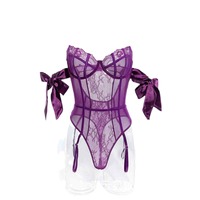 Ensemble de lingerie sexy en dentelle violette, style Teddy, tenue de nuit sans déshabillage, vêtements intimes séduisants et alléchant pour femmes, ODM Polyester