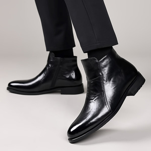 Bottes noires en cuir véritable à bout pointu, à enfiler, pour le travail, toutes saisons, couleur unie, style Oxford, vente en gros, paiement par proxy - Product Image 2